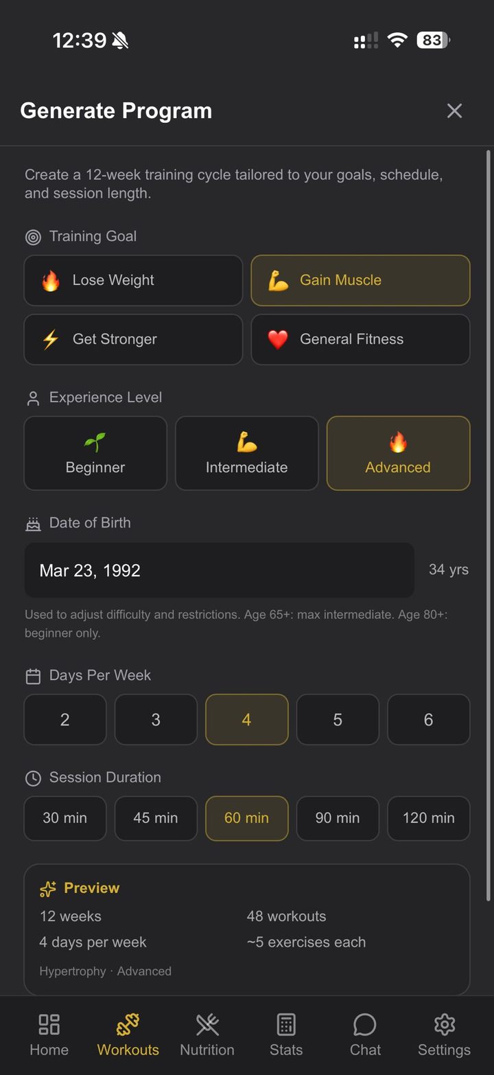 Carbyne Lab program generator showing structured training blocks for a beginner strength plan