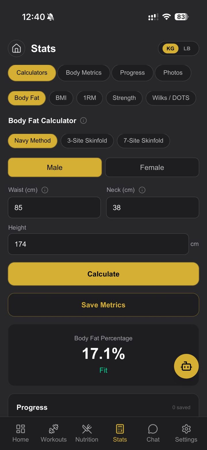 Carbyne Lab body composition calculator with body measurements used to estimate body fat percentage