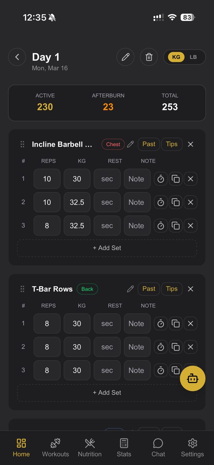 Logging sets, reps, and load for each exercise during a workout in the Carbyne Lab app